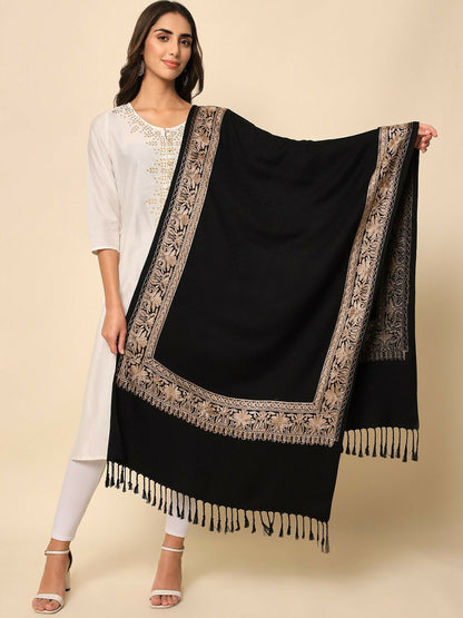 Women Black Embroidered Shawl – Elegant Black & Gold Wrap | Indiaista