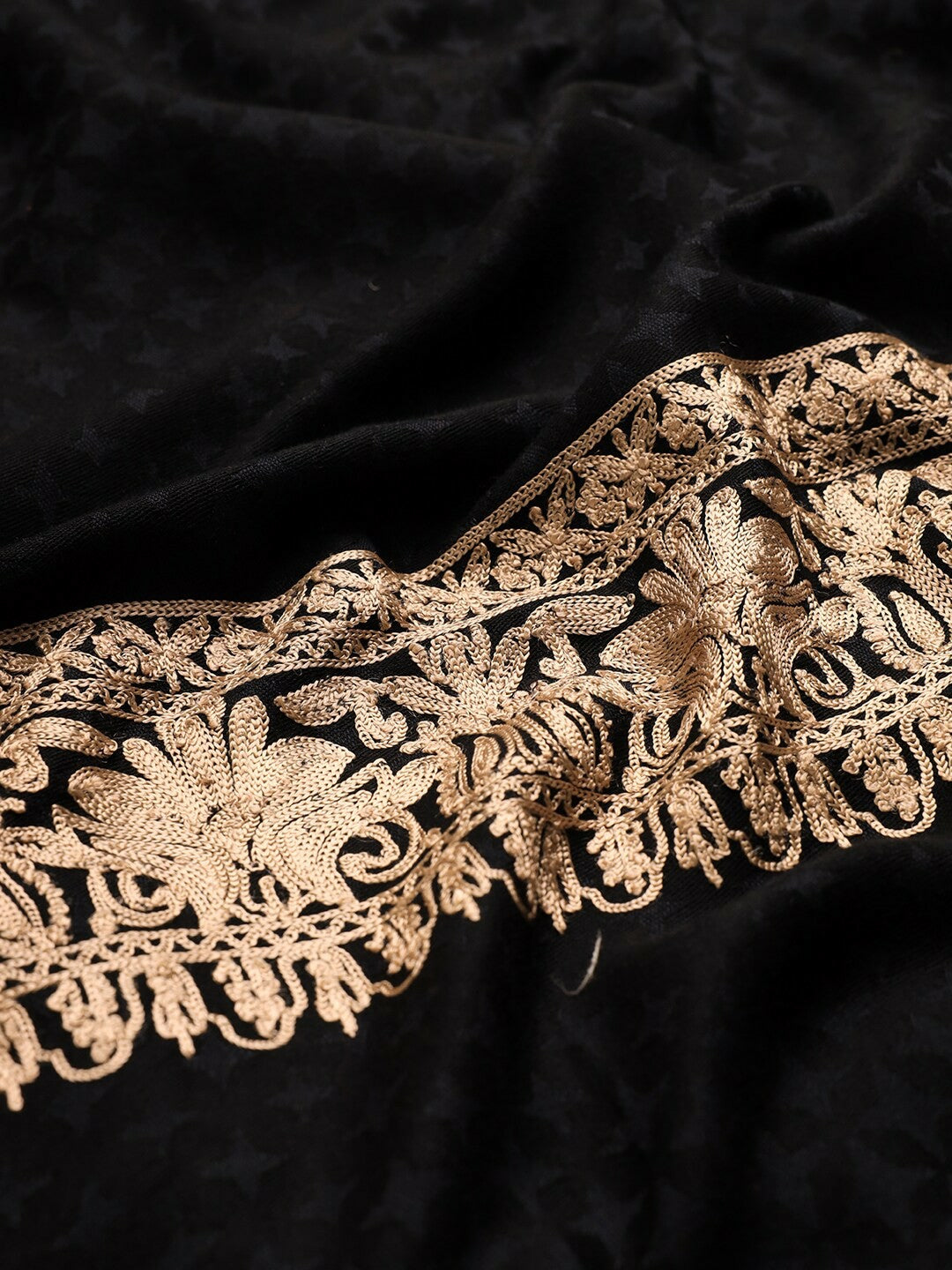 Women Black Embroidered Shawl – Elegant Black & Gold Wrap | Indiaista