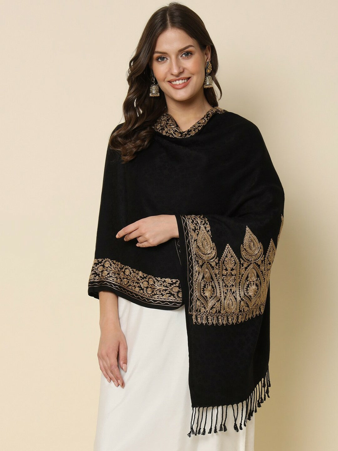 Women Ethnic Motifs Embroidered Shawl – Black & Beige | Indiaista