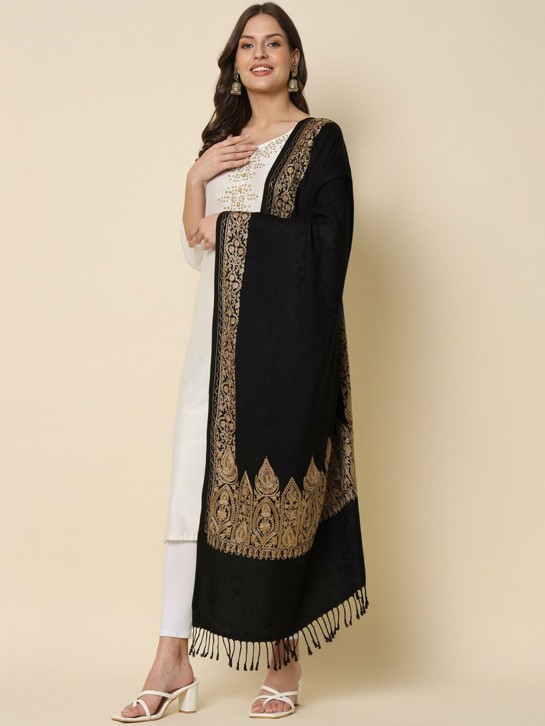 Women Ethnic Motifs Embroidered Shawl – Black & Beige | Indiaista