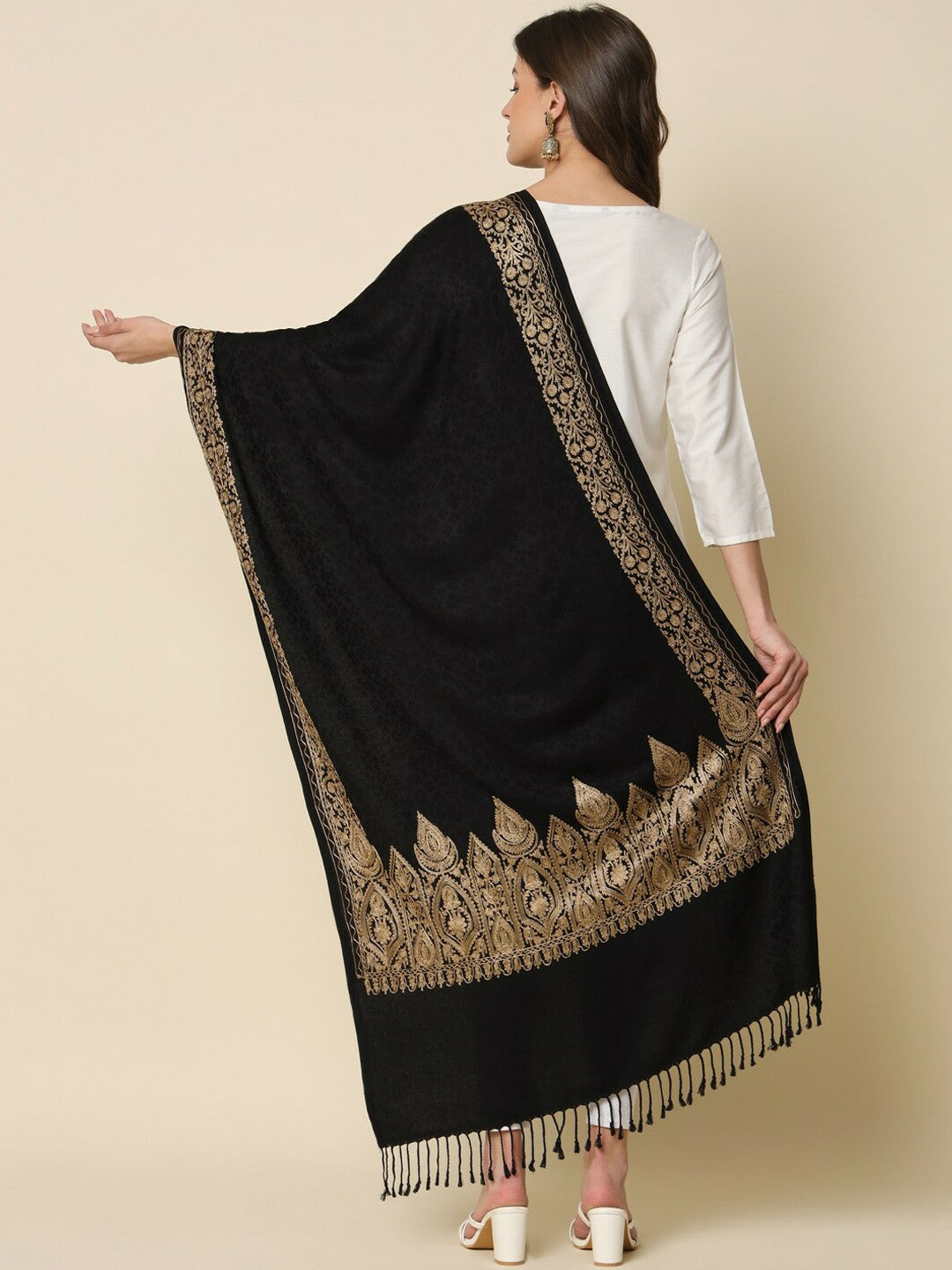 Women Ethnic Motifs Embroidered Shawl – Black & Beige | Indiaista