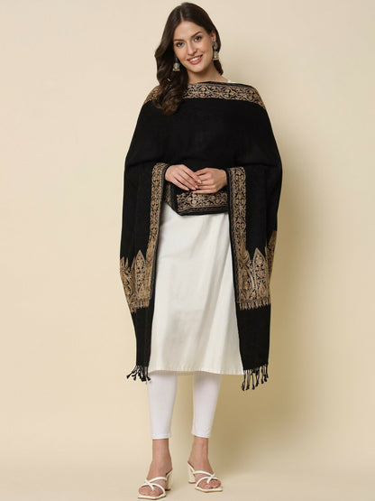 Women Ethnic Motifs Embroidered Shawl – Black & Beige | Indiaista