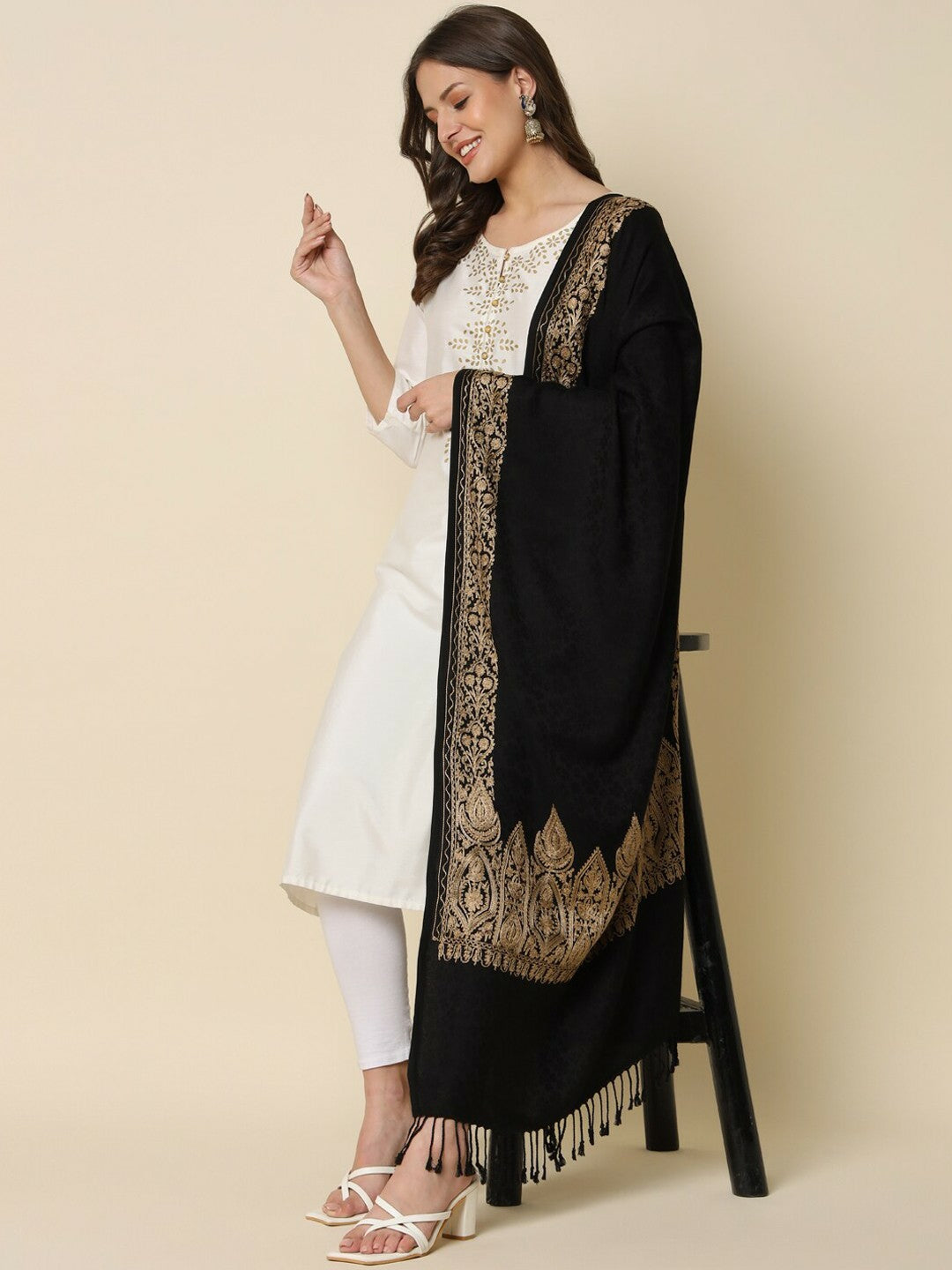 Women Ethnic Motifs Embroidered Shawl – Black & Beige | Indiaista