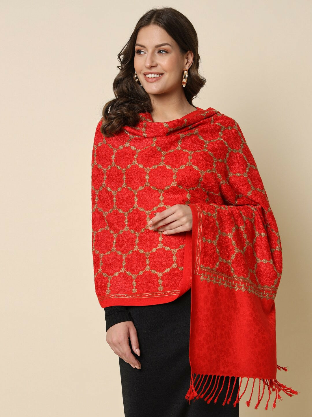 Women Red Floral Embroidered Shawl - Elegant & Stylish | Indiaista