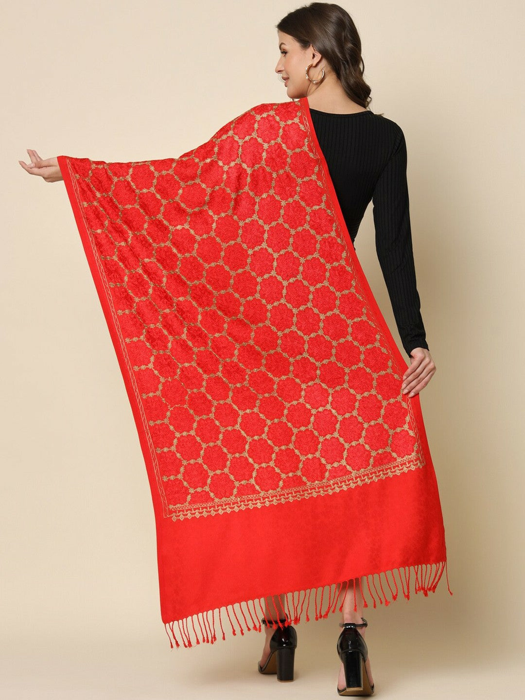 Women Red Floral Embroidered Shawl - Elegant & Stylish | Indiaista