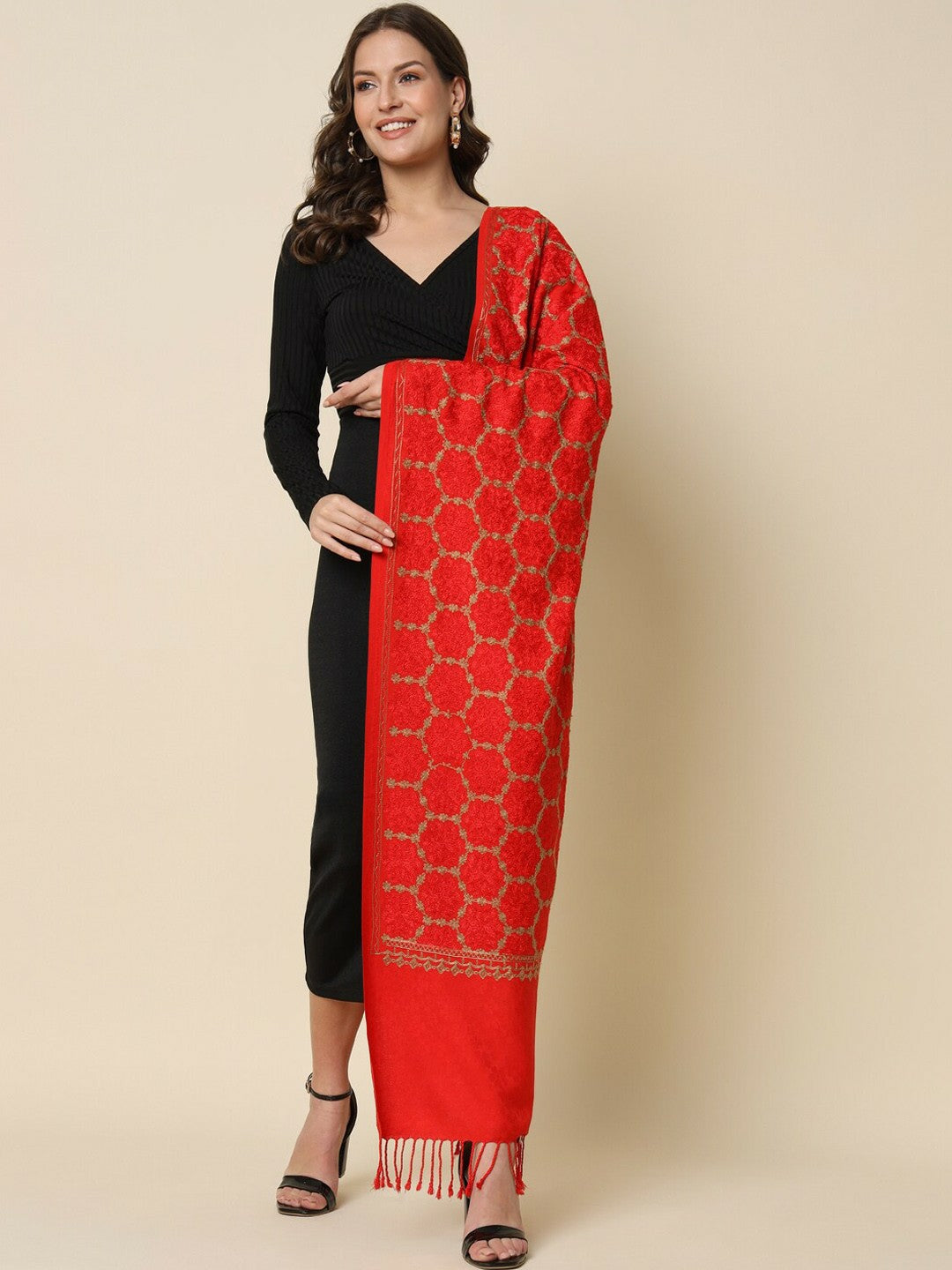 Women Red Floral Embroidered Shawl - Elegant & Stylish | Indiaista