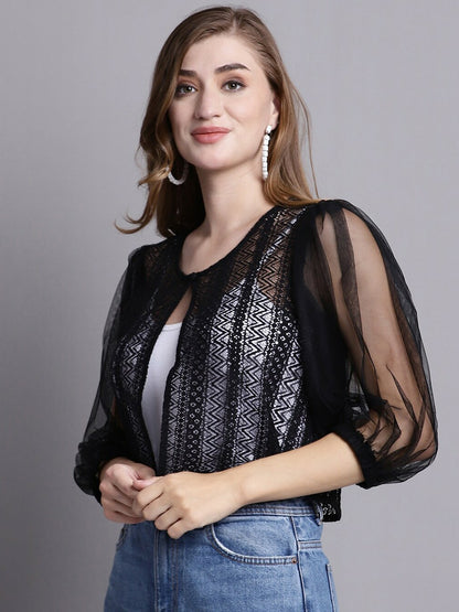 Women Self Design Crop Cotton Open Front Shrug – Stylish Black Shrug | Indiaista