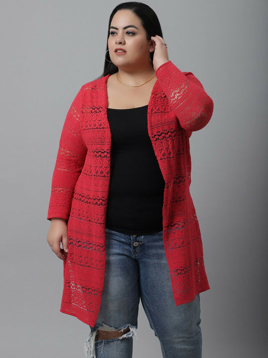 Women Red Self-Design Plus Size Cotton Shrug – Stylish & Comfortable