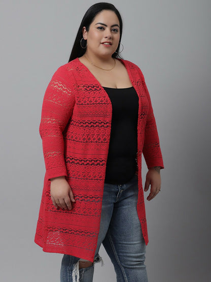 Women Red Self-Design Plus Size Cotton Shrug – Stylish & Comfortable