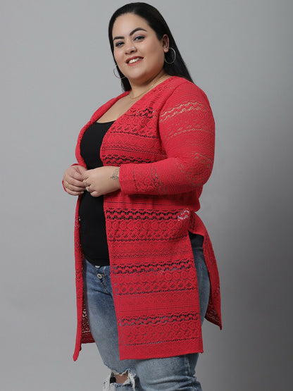 Women Red Self-Design Plus Size Cotton Shrug – Stylish & Comfortable