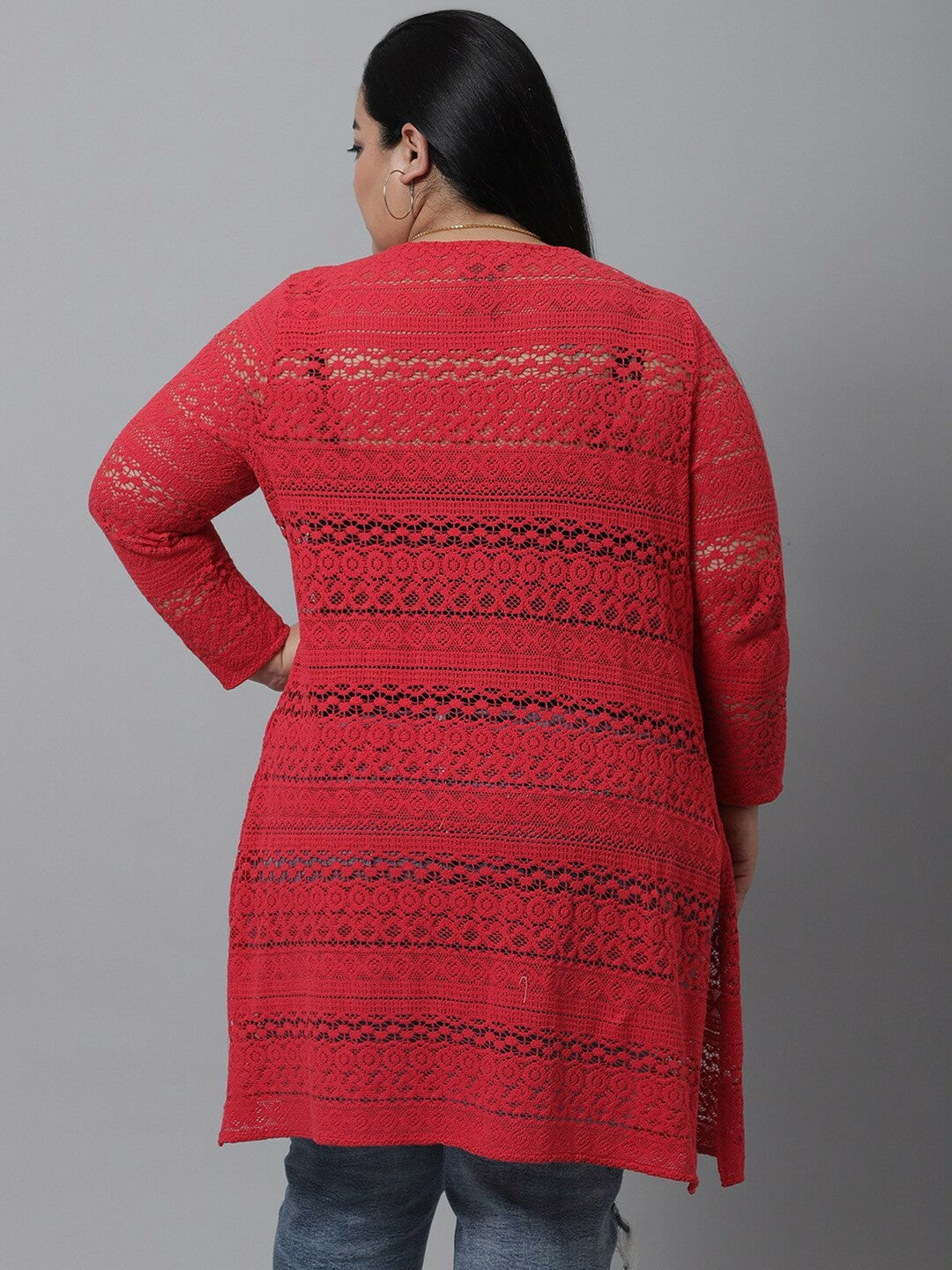 Women Red Self-Design Plus Size Cotton Shrug – Stylish & Comfortable