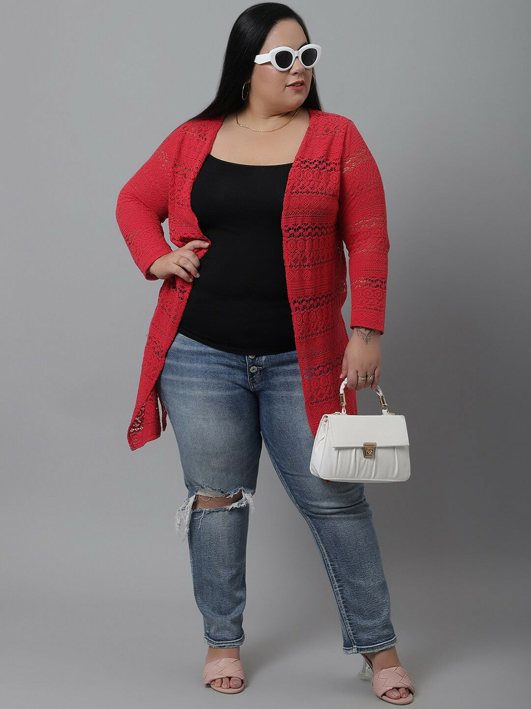 Women Red Self-Design Plus Size Cotton Shrug – Stylish & Comfortable