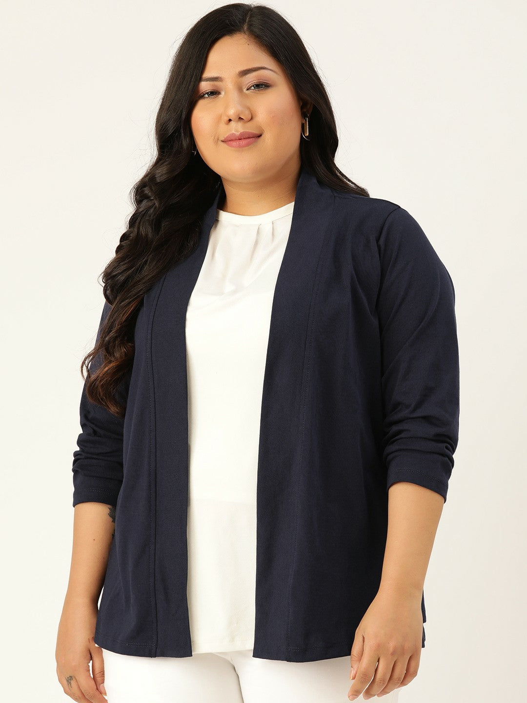 Women Plus Size Navy Blue Cotton Shrug - Open Front, Long Sleeve | Indiaista