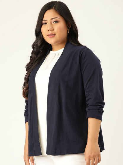 Women Plus Size Navy Blue Cotton Shrug - Open Front, Long Sleeve | Indiaista