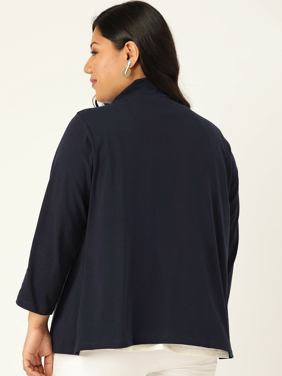 Women Plus Size Navy Blue Cotton Shrug - Open Front, Long Sleeve | Indiaista