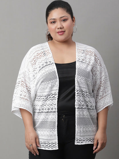 Buy Women Plus Size Self Design Open Front Shrug - White | Indiaista