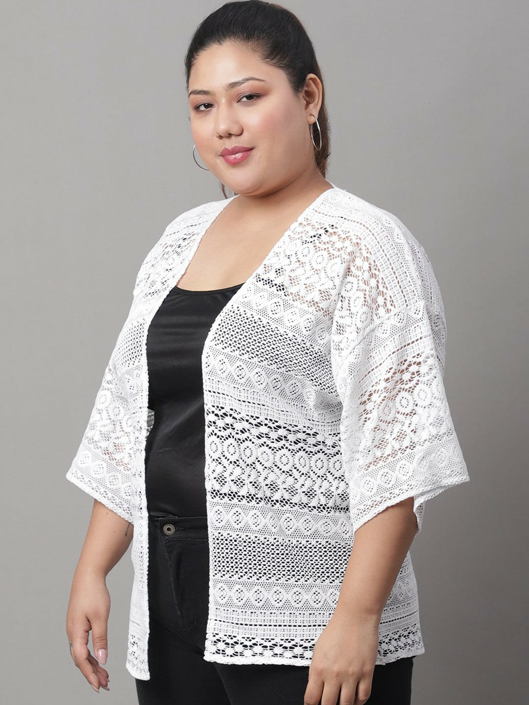 Buy Women Plus Size Self Design Open Front Shrug - White | Indiaista