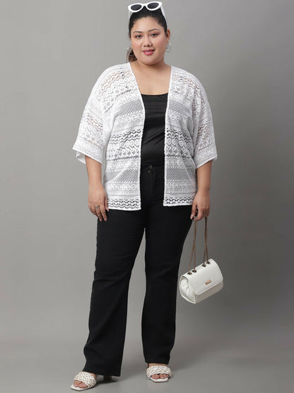 Buy Women Plus Size Self Design Open Front Shrug - White | Indiaista