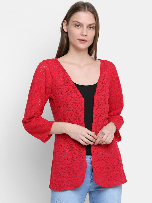 Buy Women’s Red Self Design Lace Shrug – Stylish Open Front Shrug | Indiaista