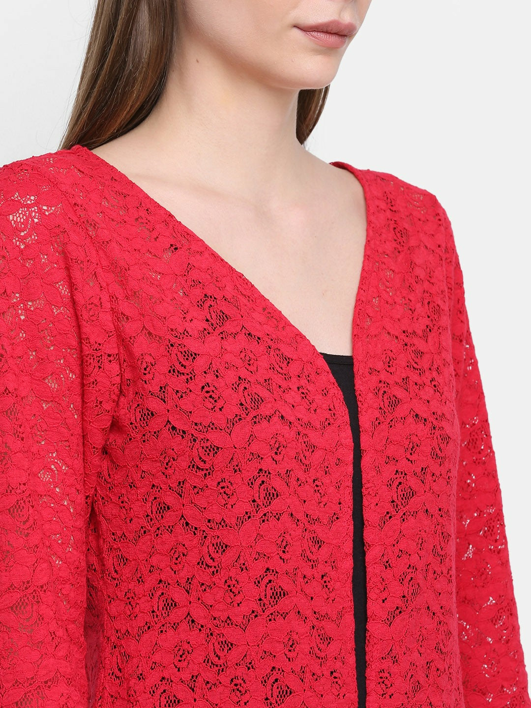 Buy Women’s Red Self Design Lace Shrug – Stylish Open Front Shrug | Indiaista