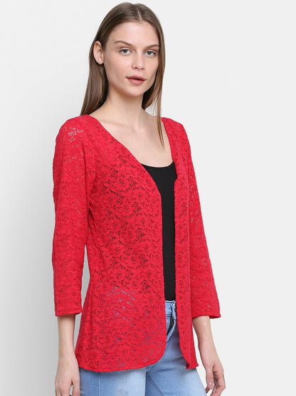 Buy Women’s Red Self Design Lace Shrug – Stylish Open Front Shrug | Indiaista