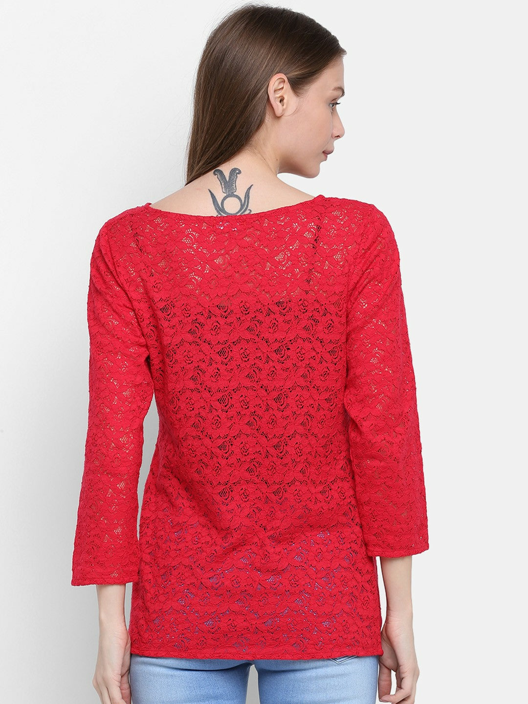 Buy Women’s Red Self Design Lace Shrug – Stylish Open Front Shrug | Indiaista