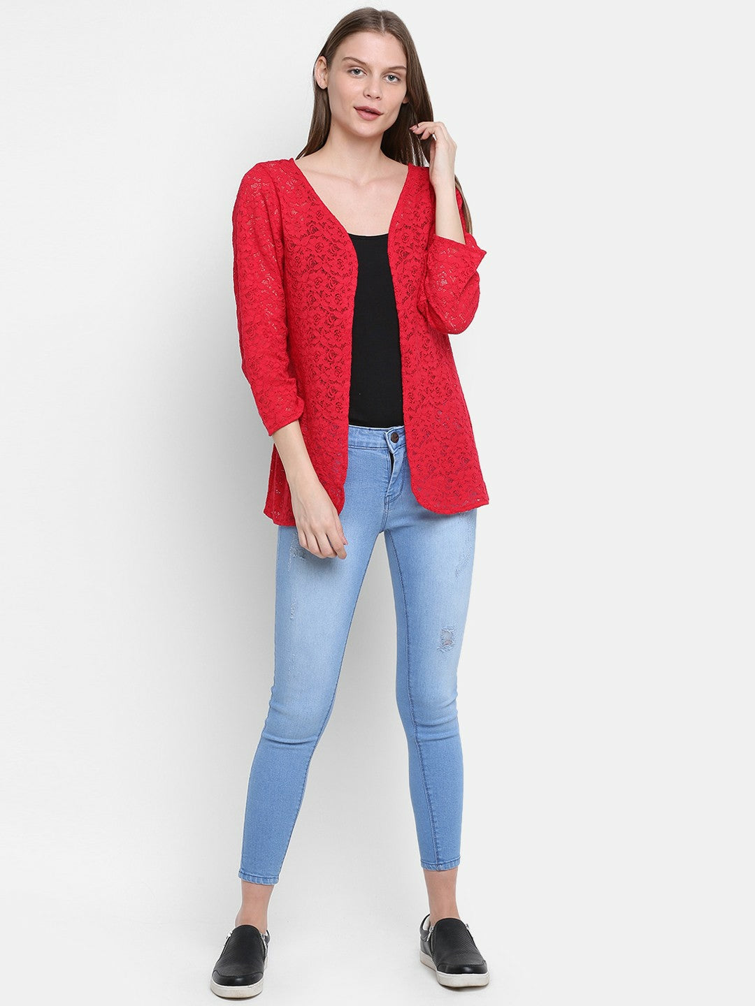 Buy Women’s Red Self Design Lace Shrug – Stylish Open Front Shrug | Indiaista