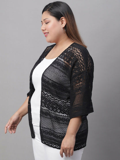 Women Black Self Design Button Shrug - Stylish & Lightweight | Indiaista