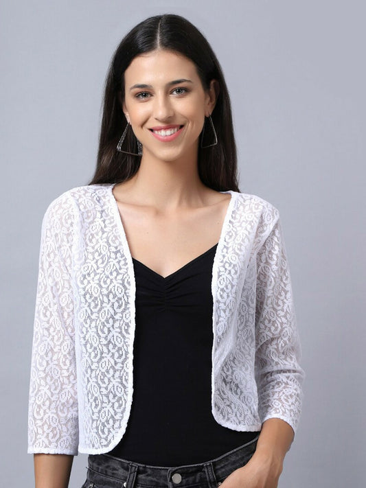 Women White Self-Design Cotton Shrug – Stylish & Lightweight | Indiaista