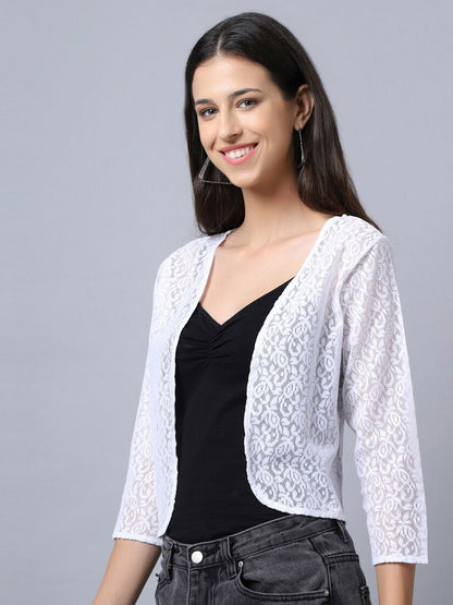 Women White Self-Design Cotton Shrug – Stylish & Lightweight | Indiaista