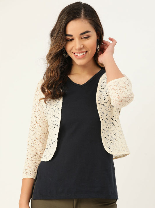 Buy Women Beige Lace Open Front Shrug - Stylish & Elegant | Indiaista