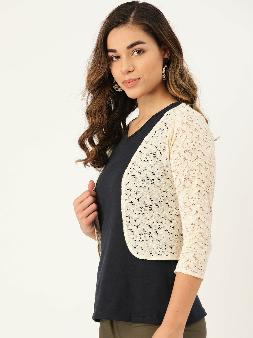 Buy Women Beige Lace Open Front Shrug - Stylish & Elegant | Indiaista