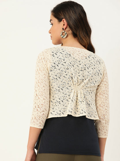 Buy Women Beige Lace Open Front Shrug - Stylish & Elegant | Indiaista