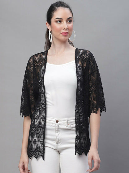 Women Lace Open Front Stylish Cotton Shrug – Black | Indiaista