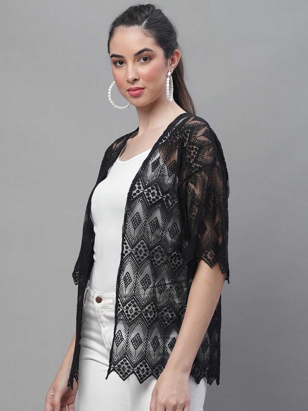 Women Lace Open Front Stylish Cotton Shrug – Black | Indiaista