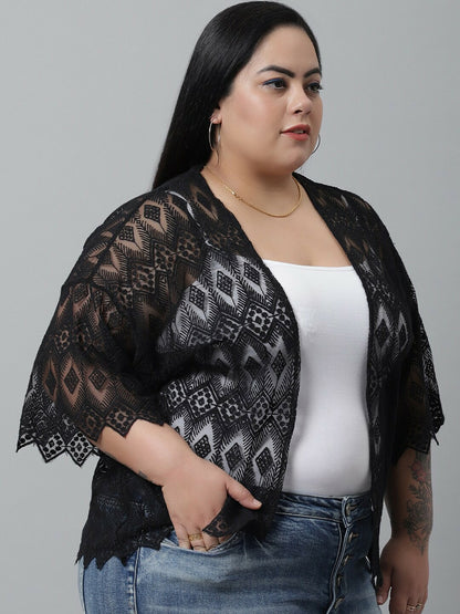 Women Black Self-Design Plus Size Cotton Shrug – Stylish & Comfortable | Indiaista