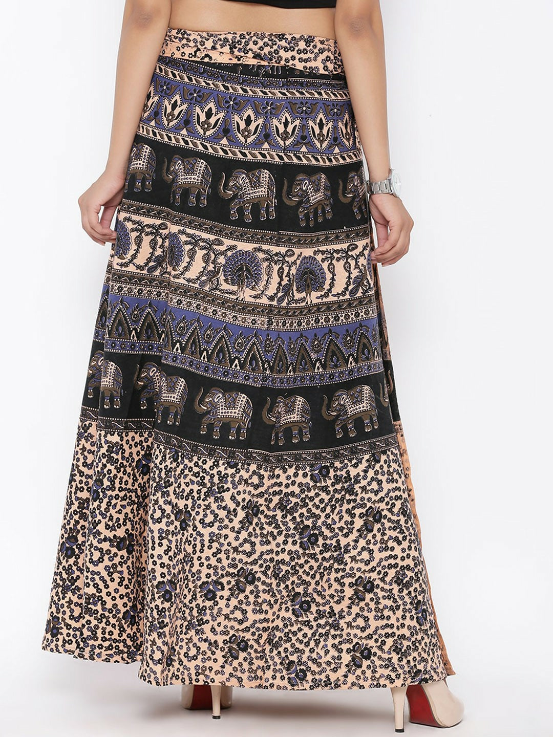 Women’s Beige Printed Boho Maxi Wrap Skirt | Vintage Bohemian Cotton Skirt with Adjustable Waist