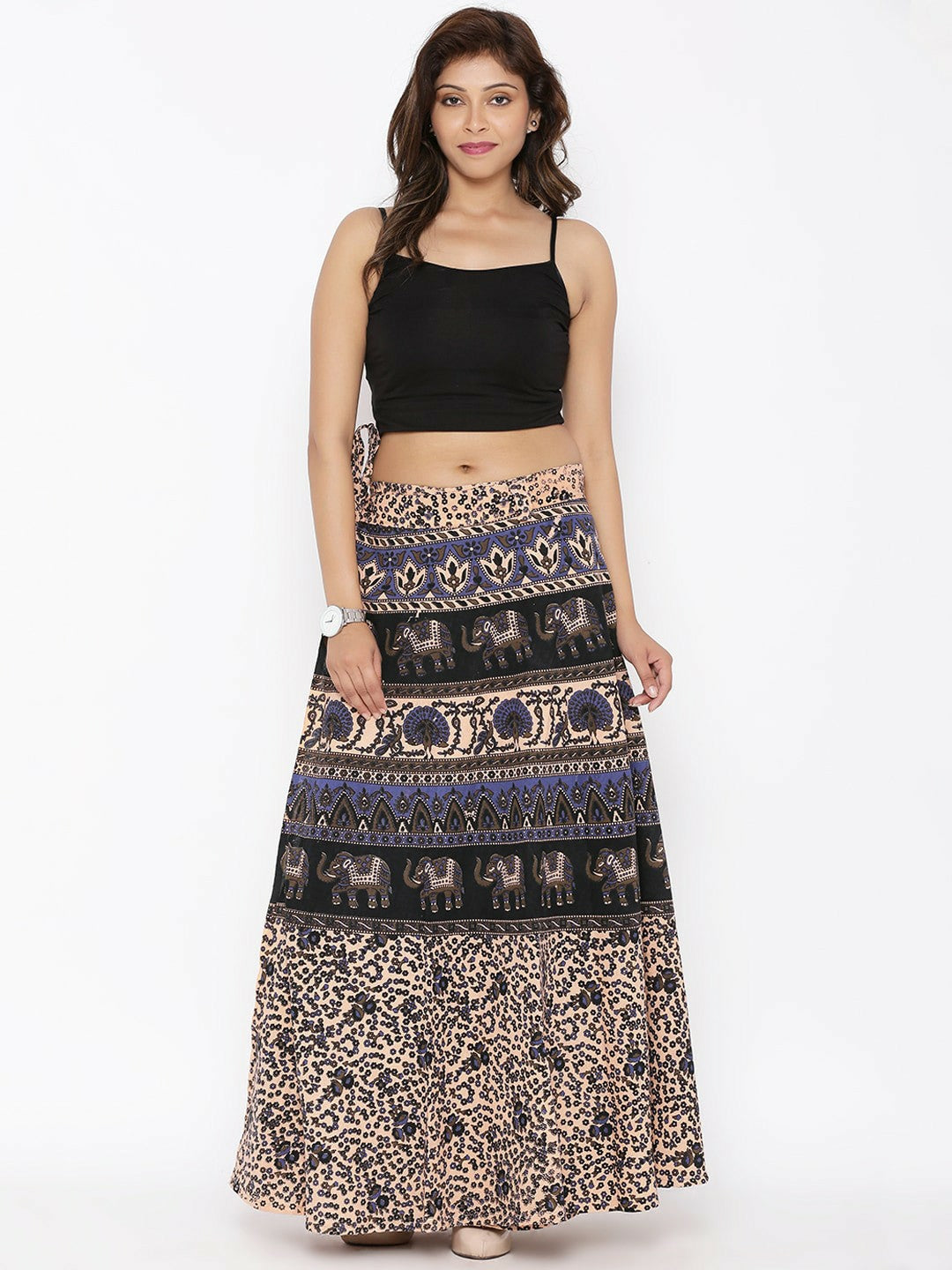 Women’s Beige Printed Boho Maxi Wrap Skirt | Vintage Bohemian Cotton Skirt with Adjustable Waist