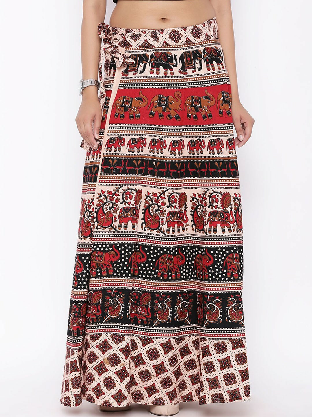 Vintage Bohemian Printed Cotton Maxi Wrap Skirt for Women | Boho Flared Hem Skirt with Drawstring