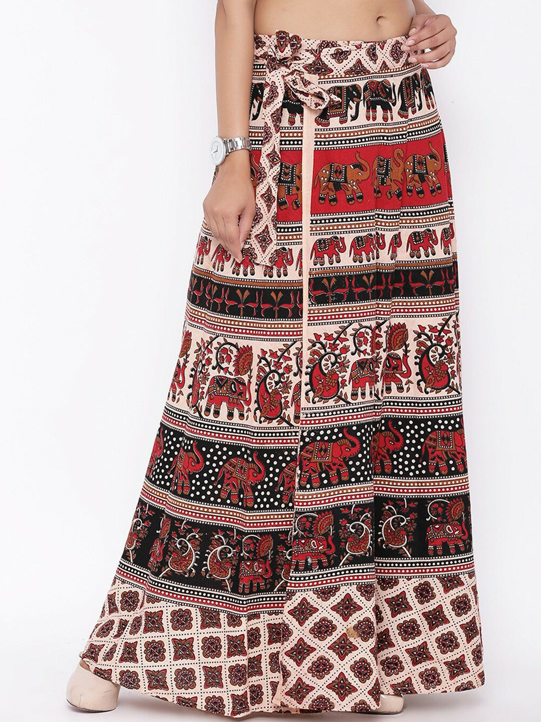 Vintage Bohemian Printed Cotton Maxi Wrap Skirt for Women | Boho Flared Hem Skirt with Drawstring