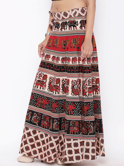 Vintage Bohemian Printed Cotton Maxi Wrap Skirt for Women | Boho Flared Hem Skirt with Drawstring