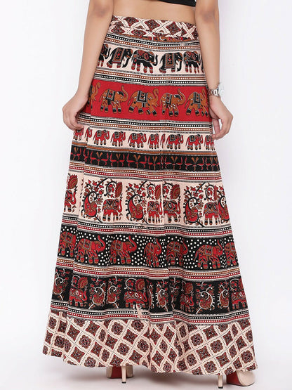 Vintage Bohemian Printed Cotton Maxi Wrap Skirt for Women | Boho Flared Hem Skirt with Drawstring