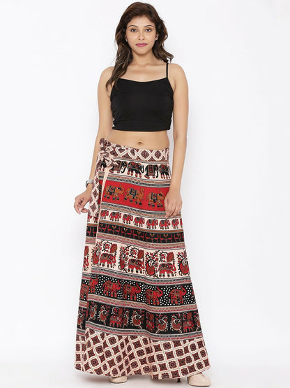 Vintage Bohemian Printed Cotton Maxi Wrap Skirt for Women | Boho Flared Hem Skirt with Drawstring