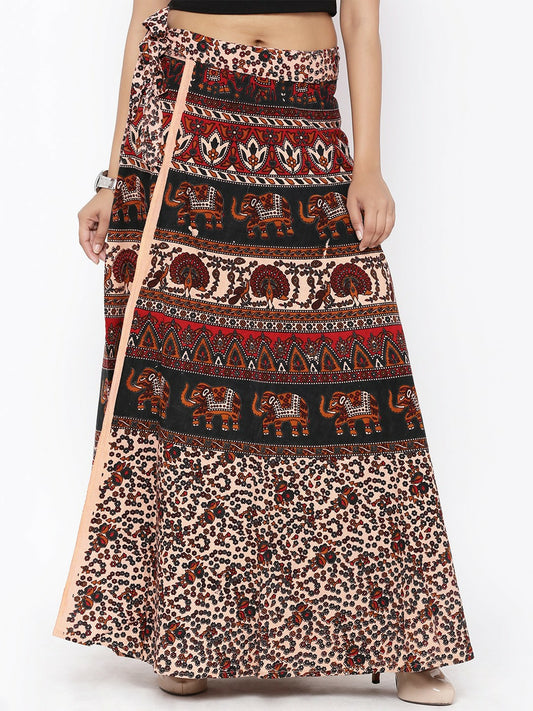 Vintage Bohemian Bagru Print Wrap Around Cotton Skirt for Women | Ethnic Beige Boho Skirt