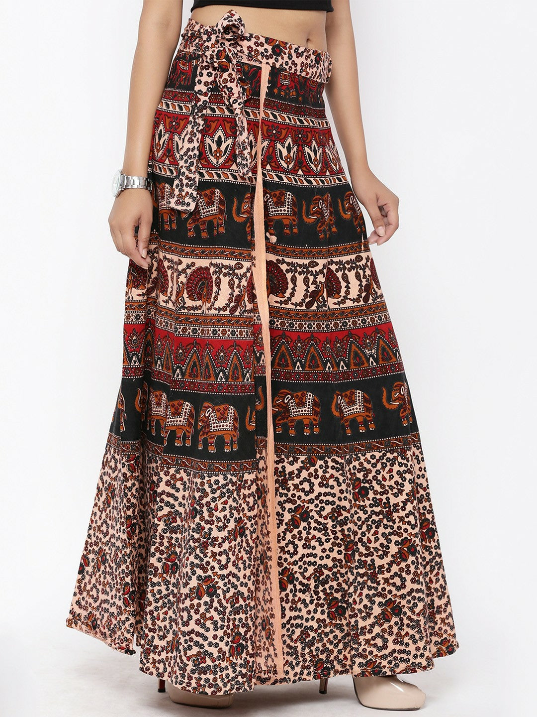 Vintage Bohemian Bagru Print Wrap Around Cotton Skirt for Women | Ethnic Beige Boho Skirt