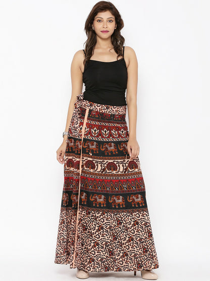 Vintage Bohemian Bagru Print Wrap Around Cotton Skirt for Women | Ethnic Beige Boho Skirt