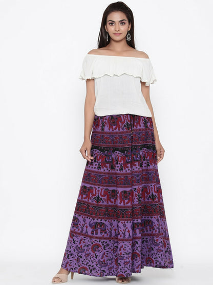 Women’s Purple & Maroon Ethnic Printed Flared Maxi Skirt | Bohemian Boho Cotton Skirt