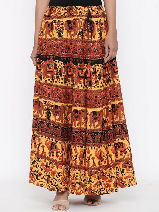 Yellow Bohemian Printed Maxi Skirt for Women | Pure Cotton with Flared Hem and Drawstring Waist