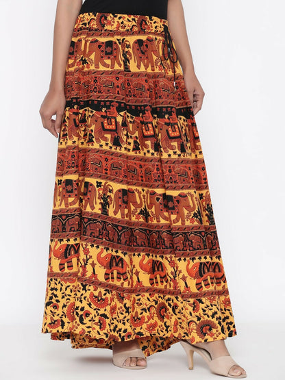 Yellow Bohemian Printed Maxi Skirt for Women | Pure Cotton with Flared Hem and Drawstring Waist