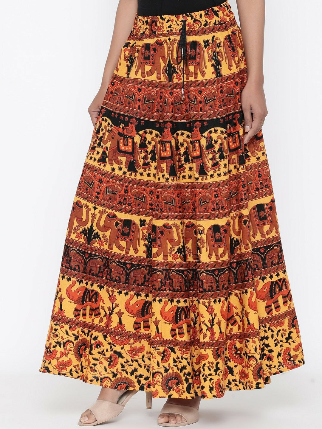 Yellow Bohemian Printed Maxi Skirt for Women | Pure Cotton with Flared Hem and Drawstring Waist